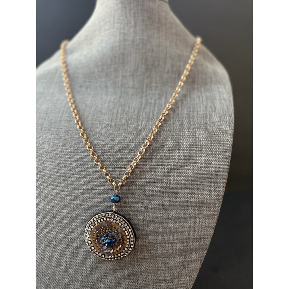 Chicos Contessa Sequin Medallion Statement Necklace Blue Gold Boho Long 38”